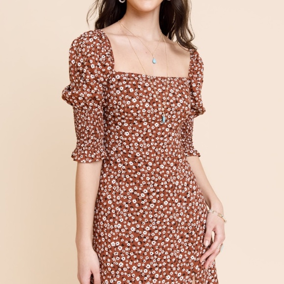 Mi Ami‎ Mallorie Ditsy Floral Smocked Mini Brown Dress Boho Chic Women's L - Picture 1 of 15